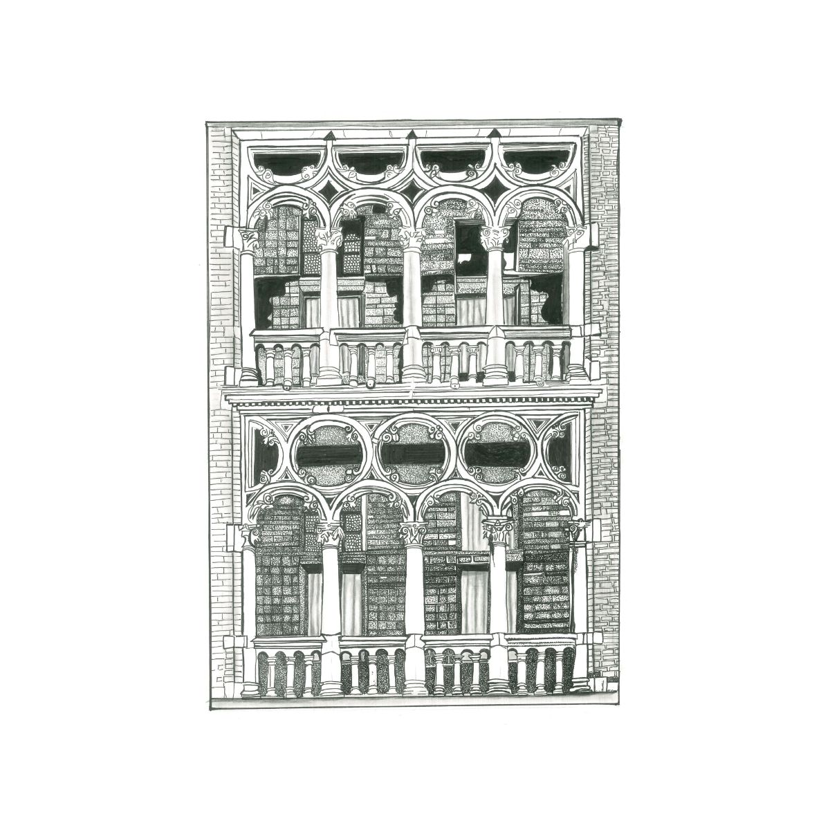 Illustration à l'encre de chine d'une façade Renaissance flamande d'Anvers, avec balustrade en dentelle de brique et oculi, mise en situation dans un cadre en noyer patiné.