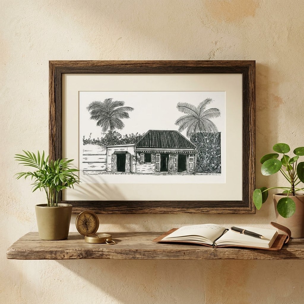 Illustration à l'encre de chine d'une boutique chinoise traditionnelle de La Réunion, mise en situation dans un cadre en bois exotique.