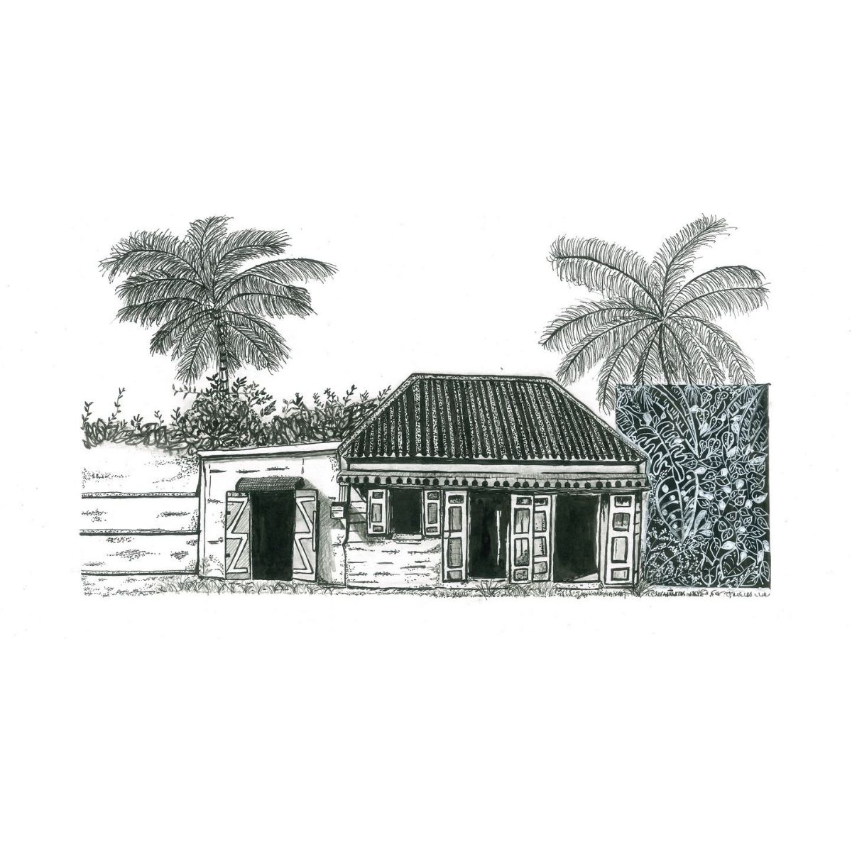 Illustration à l'encre de chine d'une boutique chinoise traditionnelle à La Réunion, avec ses volets de bois, son toit en tôle et ses palmiers, dessin détaillé par Claude Maillot.