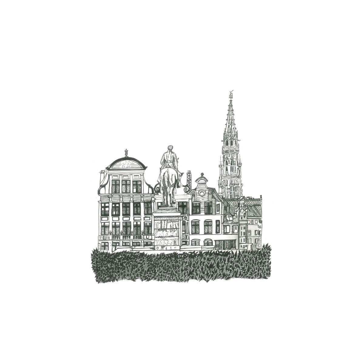 llustration du Mont des Arts à Bruxelles avec la statue d'Albert Ier et la flèche de l'Hôtel de Ville, dessin
