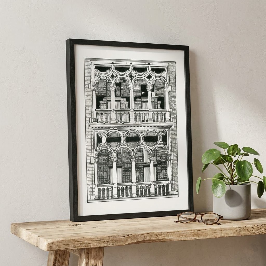 Illustration à l'encre de chine d'une façade Renaissance flamande d'Anvers, avec balustrade en dentelle de brique et oculi, mise en situation dans un cadre en noyer.