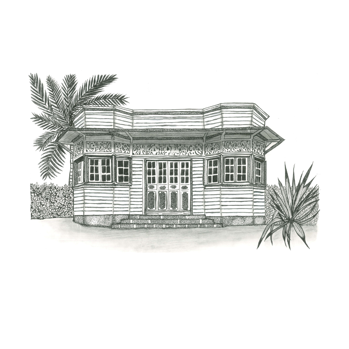 Dessin à l'encre de Chine d'une case cilaosienne de La Réunion avec dentelle de bois sculptée, fenêtres à petits carreaux et végétation tropicale, par Claude Maillot